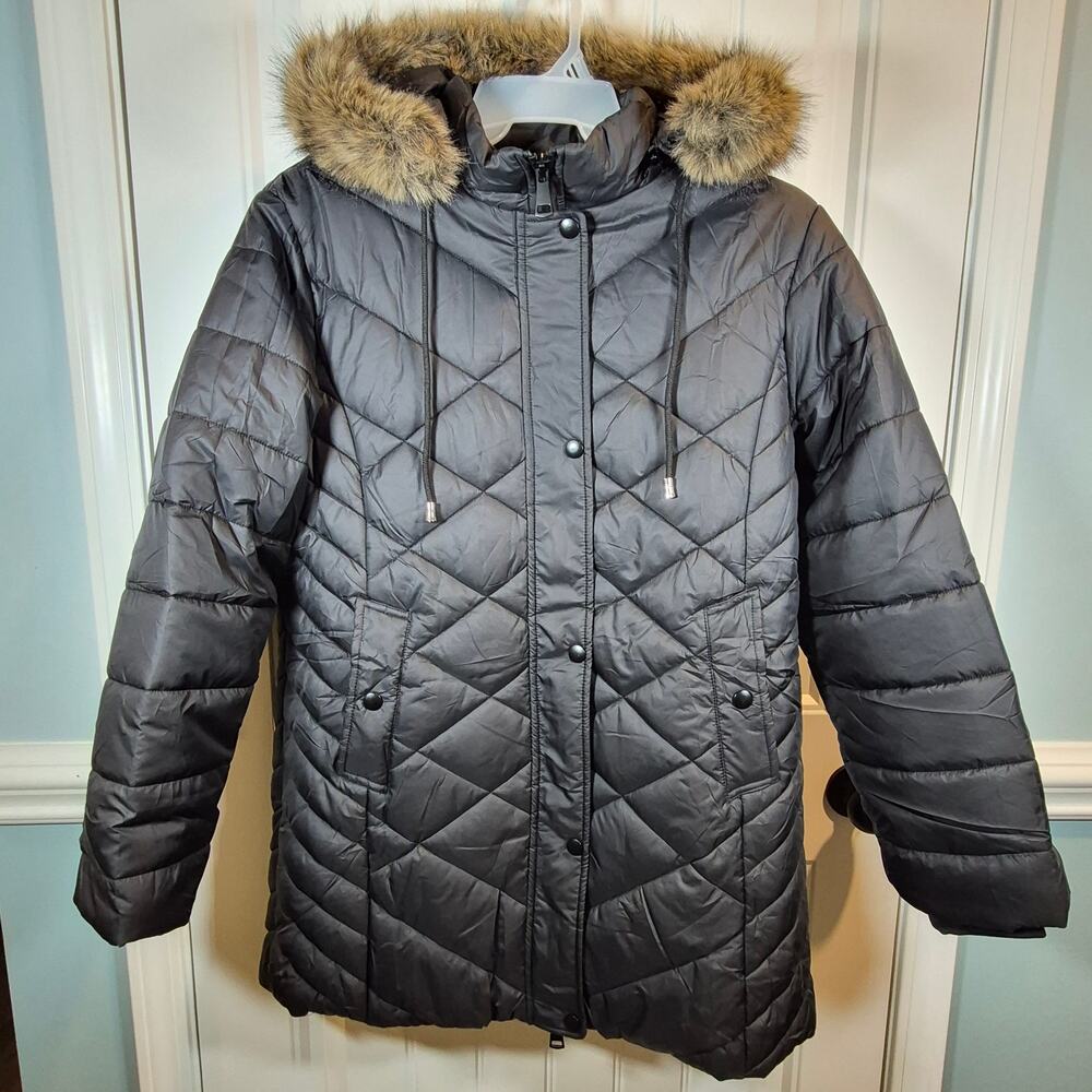 Women’s Black Quilted Puffer Parka Jacket Removable Faux Fur Hood Winter L NWT